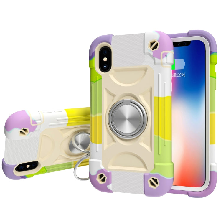 For iPhone X / XS Shockproof Silicone + PC Protective Case with Dual-Ring Holder(Colorful Beige) - More iPhone Cases by buy2fix | Online Shopping UK | buy2fix