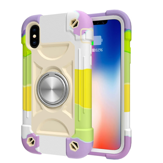 For iPhone X / XS Shockproof Silicone + PC Protective Case with Dual-Ring Holder(Colorful Beige) by buy2fix