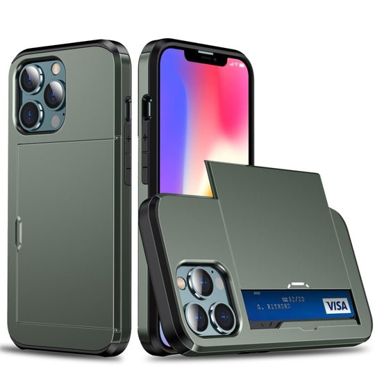 Pour iPhone 13 mini Étui de protection antichoc avec fente pour carte coulissante (vert armée)