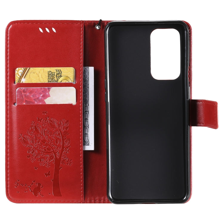 For OnePlus 9 Pro Tree & Cat Pattern Pressed Printing Horizontal Flip PU Leather Case with Holder & Card Slots & Wallet & Lanyard(Red) - OnePlus Cases by buy2fix | Online Shopping UK | buy2fix