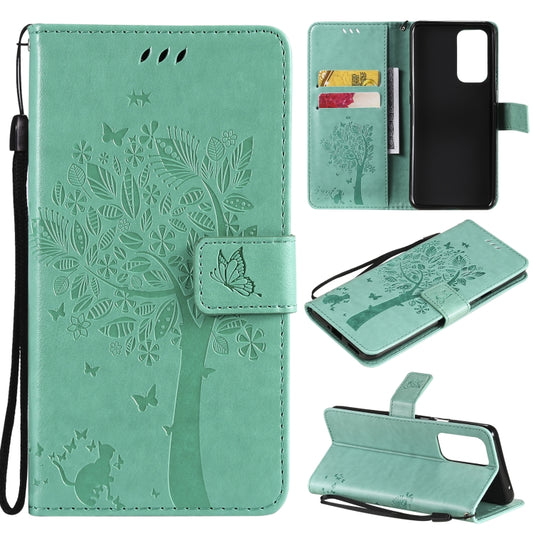 For OnePlus 9 Pro Tree & Cat Pattern Pressed Printing Horizontal Flip PU Leather Case with Holder & Card Slots & Wallet & Lanyard(Green) - OnePlus Cases by buy2fix | Online Shopping UK | buy2fix