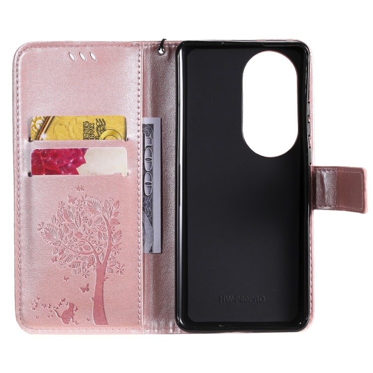 For Huawei P50 Pro Tree & Cat Pattern Pressed Printing Horizontal Flip PU Leather Case with Holder & Card Slots & Wallet & Lanyard(Rose Gold) - Huawei Cases by buy2fix | Online Shopping UK | buy2fix