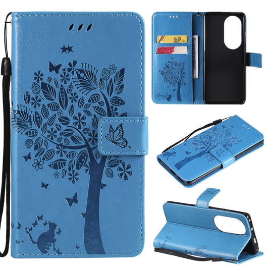 For Huawei P50 Pro Tree & Cat Pattern Pressed Printing Horizontal Flip PU Leather Case with Holder & Card Slots & Wallet & Lanyard(Blue) - Huawei Cases by buy2fix | Online Shopping UK | buy2fix