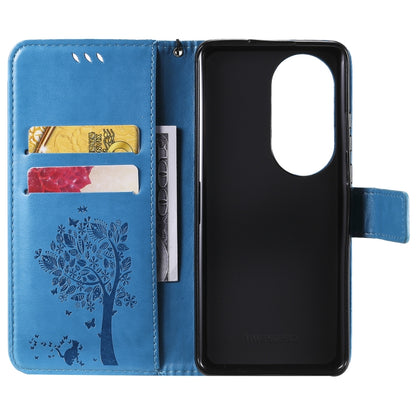 For Huawei P50 Pro Tree & Cat Pattern Pressed Printing Horizontal Flip PU Leather Case with Holder & Card Slots & Wallet & Lanyard(Blue) - Huawei Cases by buy2fix | Online Shopping UK | buy2fix