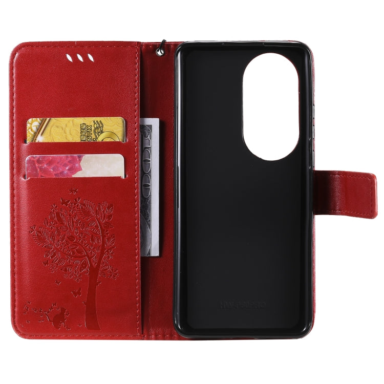 For Huawei P50 Pro Tree & Cat Pattern Pressed Printing Horizontal Flip PU Leather Case with Holder & Card Slots & Wallet & Lanyard(Red) - Huawei Cases by buy2fix | Online Shopping UK | buy2fix