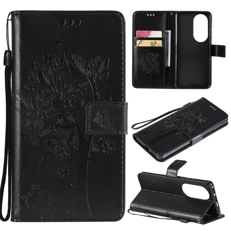 For Huawei P50 Pro Tree & Cat Pattern Pressed Printing Horizontal Flip PU Leather Case with Holder & Card Slots & Wallet & Lanyard(Black) - Huawei Cases by buy2fix | Online Shopping UK | buy2fix