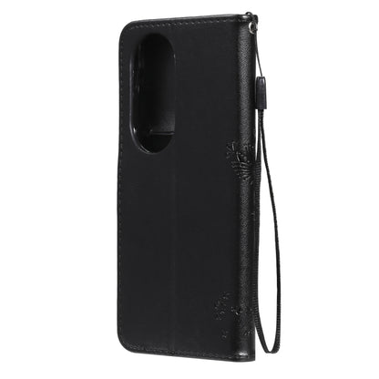 For Huawei P50 Pro Tree & Cat Pattern Pressed Printing Horizontal Flip PU Leather Case with Holder & Card Slots & Wallet & Lanyard(Black) - Huawei Cases by buy2fix | Online Shopping UK | buy2fix