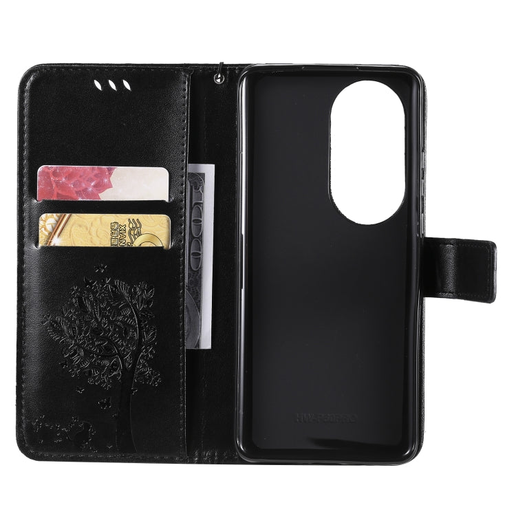 For Huawei P50 Pro Tree & Cat Pattern Pressed Printing Horizontal Flip PU Leather Case with Holder & Card Slots & Wallet & Lanyard(Black) - Huawei Cases by buy2fix | Online Shopping UK | buy2fix