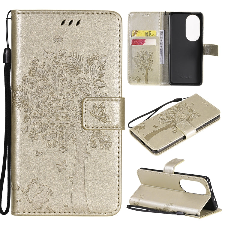 For Huawei P50 Pro Tree & Cat Pattern Pressed Printing Horizontal Flip PU Leather Case with Holder & Card Slots & Wallet & Lanyard(Gold) - Huawei Cases by buy2fix | Online Shopping UK | buy2fix