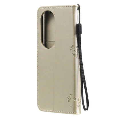 For Huawei P50 Pro Tree & Cat Pattern Pressed Printing Horizontal Flip PU Leather Case with Holder & Card Slots & Wallet & Lanyard(Gold) - Huawei Cases by buy2fix | Online Shopping UK | buy2fix