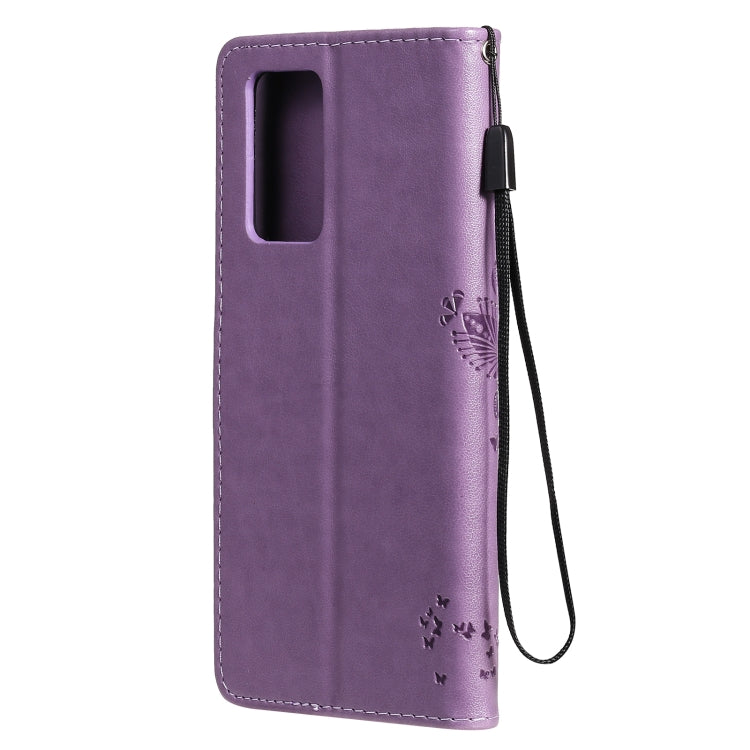 For OPPO Reno6 Pro 5G Tree & Cat Pattern Pressed Printing Horizontal Flip PU Leather Case with Holder & Card Slots & Wallet & Lanyard(Light Purple) - OPPO Cases by buy2fix | Online Shopping UK | buy2fix