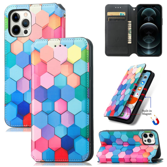 For iPhone 12 / 12 Pro Colored Drawing Magnetic Horizontal Flip PU Leather Case with Holder & Card Slots & Wallet(Color Honeycomb) - iPhone 12 / 12 Pro Cases by buy2fix | Online Shopping UK | buy2fix