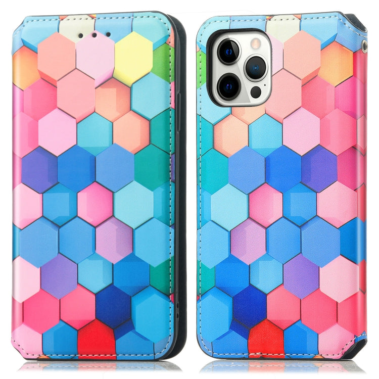 For iPhone 12 / 12 Pro Colored Drawing Magnetic Horizontal Flip PU Leather Case with Holder & Card Slots & Wallet(Color Honeycomb) - iPhone 12 / 12 Pro Cases by buy2fix | Online Shopping UK | buy2fix