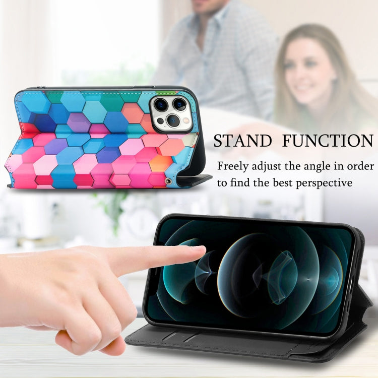 For iPhone 12 / 12 Pro Colored Drawing Magnetic Horizontal Flip PU Leather Case with Holder & Card Slots & Wallet(Color Honeycomb) - iPhone 12 / 12 Pro Cases by buy2fix | Online Shopping UK | buy2fix