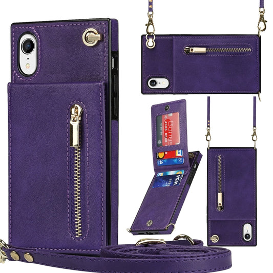 For iPhone XR Cross-body Zipper Square TPU+PU Back Cover Case with Holder & Card Slots & Wallet & Strap(Purple) by buy2fix