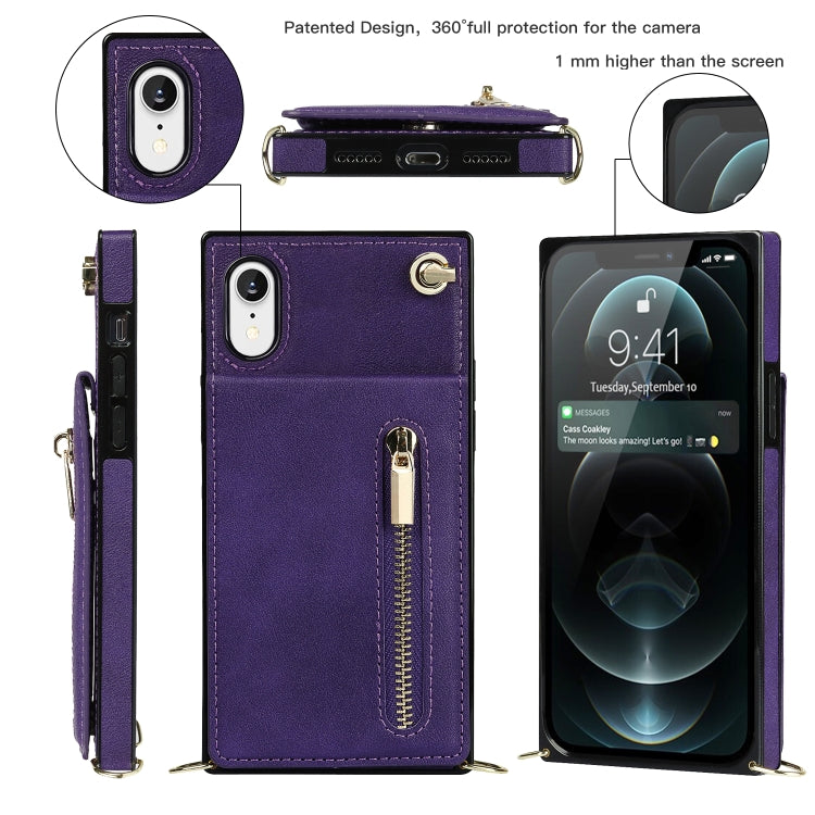 For iPhone XR Cross-body Zipper Square TPU+PU Back Cover Case with Holder & Card Slots & Wallet & Strap(Purple) by buy2fix