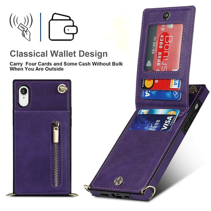 For iPhone XR Cross-body Zipper Square TPU+PU Back Cover Case with Holder & Card Slots & Wallet & Strap(Purple) by buy2fix
