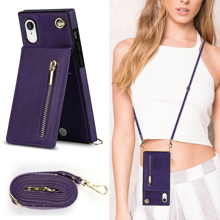 For iPhone XR Cross-body Zipper Square TPU+PU Back Cover Case with Holder & Card Slots & Wallet & Strap(Purple) by buy2fix
