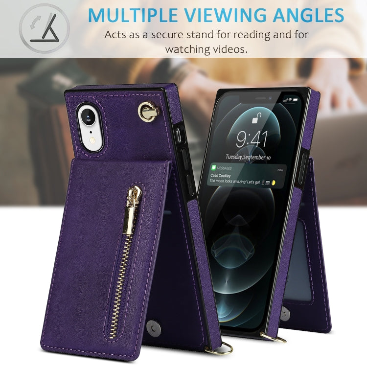 For iPhone XR Cross-body Zipper Square TPU+PU Back Cover Case with Holder & Card Slots & Wallet & Strap(Purple) by buy2fix