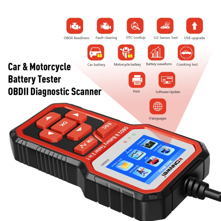 KONNWEI KW681 Car 2.4 inch TFT Screen OBD Fault Diagnosis + 6V-12V Battery Tester Support 9 Languages - Code Readers & Scan Tools by KONNWEI | Online Shopping UK | buy2fix