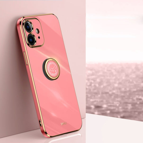 For iPhone 11 XINLI Straight Edge 6D Electroplate TPU Phone Case with Ring Holder (Hawthorn Red)