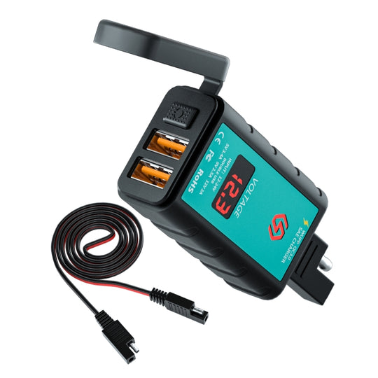 WUPP ZH-1422A2 DC12-24V Chargeur de charge rapide double USB carré pour moto avec interrupteur + voltmètre + prise SAE intégrée + câble de prise SAE 1 m