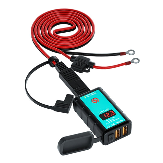 WUPP ZH-1422A3 DC12-24V Chargeur de charge rapide double USB carré pour moto avec interrupteur + voltmètre + prise SAE intégrée + câble terminal OT de 1,4 m