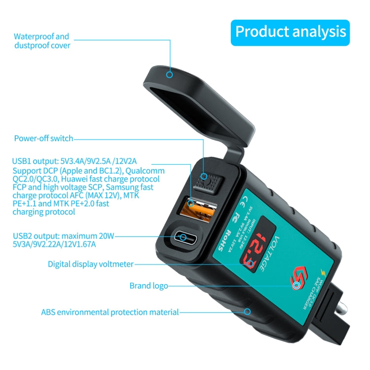 WUPP ZH-1422B1 DC12-24V Motorcycle Square Single USB + PD Fast Charging Charger with Switch + Voltmeter + Integrated SAE Socket - Battery Charger by WUPP | Online Shopping UK | buy2fix