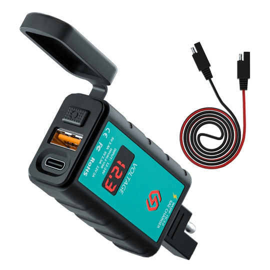 WUPP ZH-1422B2 DC12-24V Moto Carré Simple USB + PD Chargeur de Charge Rapide avec Interrupteur + Voltmètre + Prise SAE Intégrée + Câble de Prise SAE 1 m