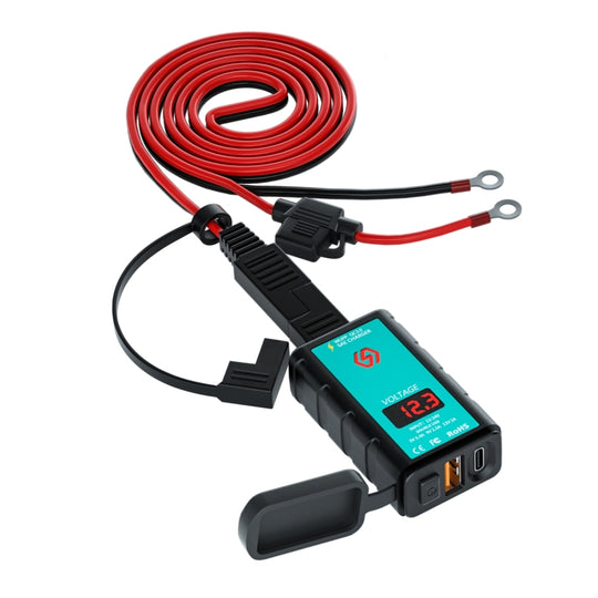 WUPP ZH-1422B3 DC12-24V Moto Carré Simple USB + PD Chargeur de Charge Rapide avec Interrupteur + Voltmètre + Prise SAE Intégrée + Câble Terminal OT de 1,4 m