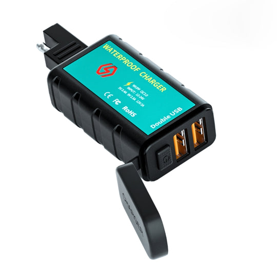 WUPP ZH-1422C1 Chargeur de charge rapide double USB carré pour moto avec interrupteur + prise SAE intégrée