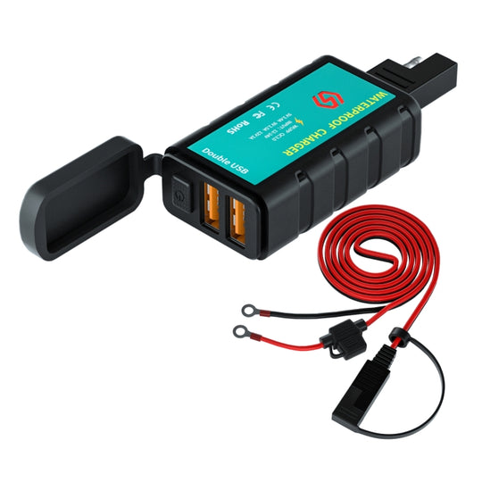 WUPP ZH-1422C3 chargeur de charge rapide double USB carré pour moto avec interrupteur + prise SAE intégrée + câble Terminal OT de 1.4 m