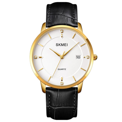 SKMEI 1801 Men Casual Calendar Quartz Watch(Gold and White) - Leather Strap Watches by SKMEI | Online Shopping UK | buy2fix