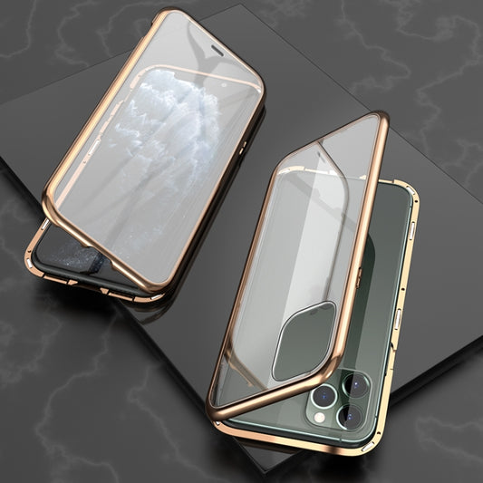 For iPhone 11 Pro Ultra Slim Double Sides Magnetic Adsorption Angular Frame Tempered Glass Magnet Flip Case(Gold) by buy2fix