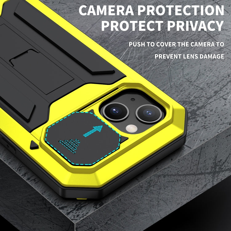 For iPhone 13 mini R-JUST Sliding Camera Shockproof Waterproof Dust-proof Metal + Silicone Protective Case with Holder (Yellow) - Apple Accessories by R-JUST | Online Shopping UK | buy2fix