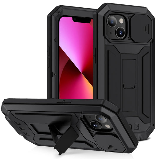 Pour iPhone 13 R-JUST Caméra coulissante antichoc étanche à la poussière en métal + étui de protection en silicone avec support (noir)