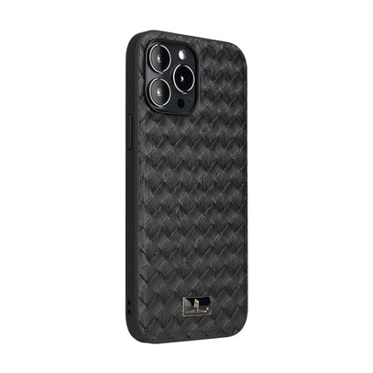 For iPhone 13 Pro Fierre Shann Leather Texture Phone Back Cover Case (Woven Black) - iPhone 13 Pro Cases by FIERRE SHANN | Online Shopping UK | buy2fix