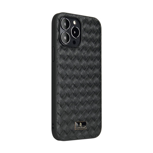 For iPhone 13 Pro Max Fierre Shann Leather Texture Phone Back Cover Case (Woven Black) by FIERRE SHANN