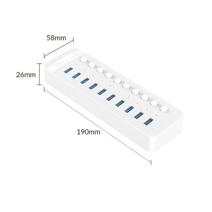 ORICO CT2U3-10AB-WH 10 In 1 Plastic Stripes Multi-Port USB HUB with Individual Switches, UK Plug(White) - USB 3.0 HUB by ORICO | Online Shopping UK | buy2fix