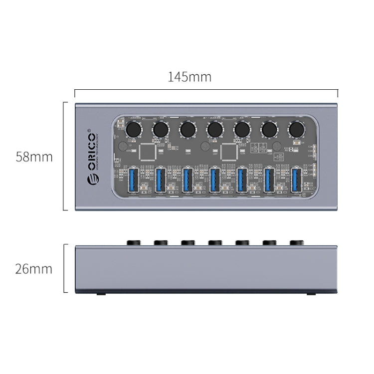 ORICO AT2U3-7AB-GY-BP 7 In 1 Aluminum Alloy Multi-Port USB HUB with Individual Switches, EU Plug - USB 3.0 HUB by ORICO | Online Shopping UK | buy2fix