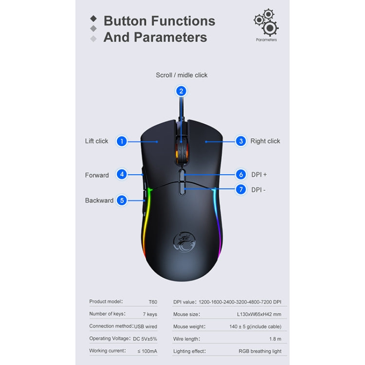 iMICE T60 7-key Custom Colorful Luminous Wired Honeycomb Gaming Mouse, Cable Length: 1.8m(Black) - Wired Mice by iMICE | Online Shopping UK | buy2fix