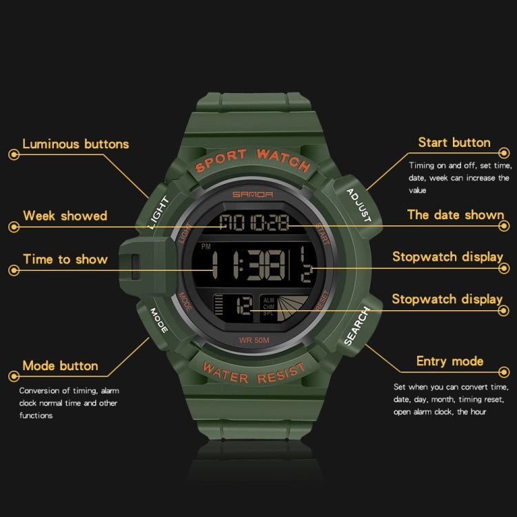 SANDA 2106 LED Digital Display Luminous Alarm Clock Men Outdoor Sports Electronic Watch(Army Green) - LED Digital Watches by SANDA | Online Shopping UK | buy2fix