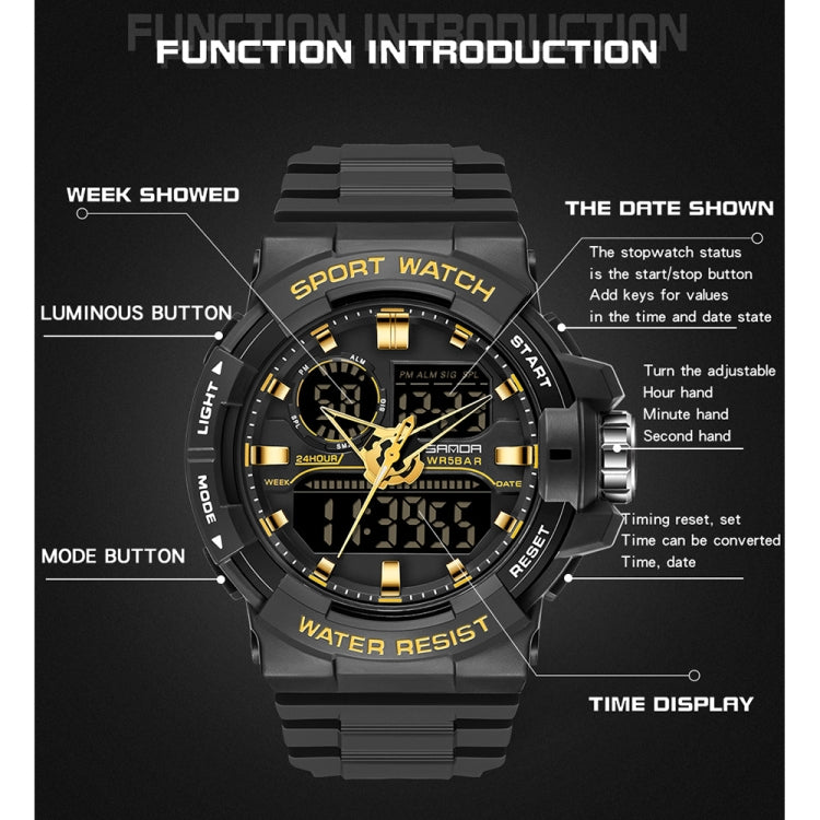 SANDA 6025 Dual Time Digital Display Luminous Calendar Waterproof Multifunctional Men Sports Quartz Watch(All Black) - Sport Watches by SANDA | Online Shopping UK | buy2fix