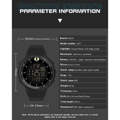 SANDA 6071 Three-split Screen LED Digital Display Luminous Stopwatch Timing Multifunctional Men Sports Electronic Watch(All Black) - Sport Watches by SANDA | Online Shopping UK | buy2fix