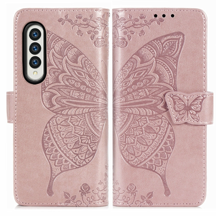 For Samsung Galaxy Z Fold3 5G Butterfly Love Flowers Embossed Horizontal Flip Leather Case with Holder & Card Slots & Wallet & Lanyard(Rose Gold) - Samsung Accessories by buy2fix | Online Shopping UK | buy2fix