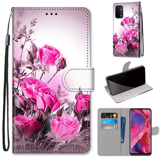 Pour OPPO A54 5G / A74 5G / A93 5G / A93s 5G Dessin coloré Texture croisée Étui en cuir PU à rabat horizontal avec support et fentes pour cartes et portefeuille et lanière (rose sauvage)