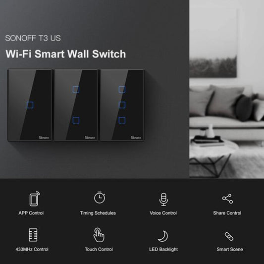 Sonoff T3 US-TX 433 RF WIFI Smart Remote Control Wall Touch Switch, US Plug, Style:Three Buttons by Sonoff
