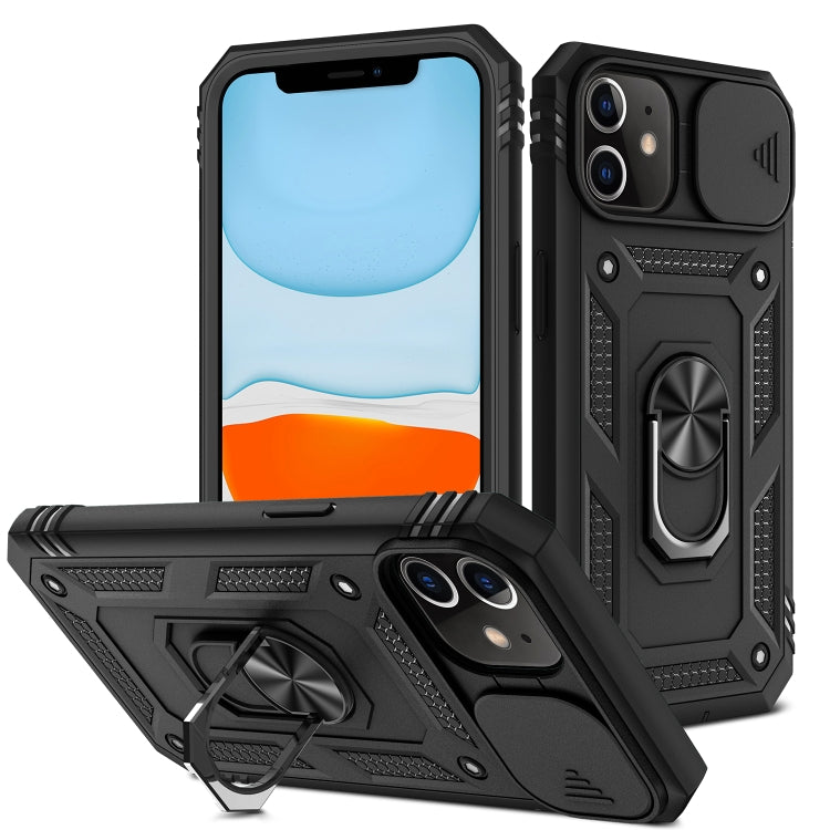 For iPhone 11 Sliding Camera Cover Design TPU + PC Protective Case with 360 Degree Rotating Holder & Card Slot (Black+Black) by buy2fix