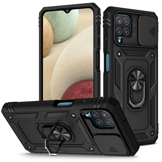 For Samsung Galaxy A12 Sliding Camera Cover Design TPU + PC Protective Case with 360 Degree Rotating Holder & Card Slot(Black+Black)