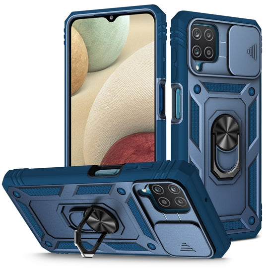 For Samsung Galaxy A12 Sliding Camera Cover Design TPU + PC Protective Case with 360 Degree Rotating Holder & Card Slot(Blue+Blue)